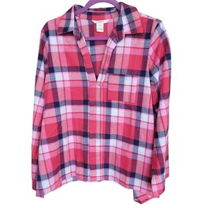 Sundance Catalog Women's Small Flannel Shirt 100% Cotton Red Pink plaid